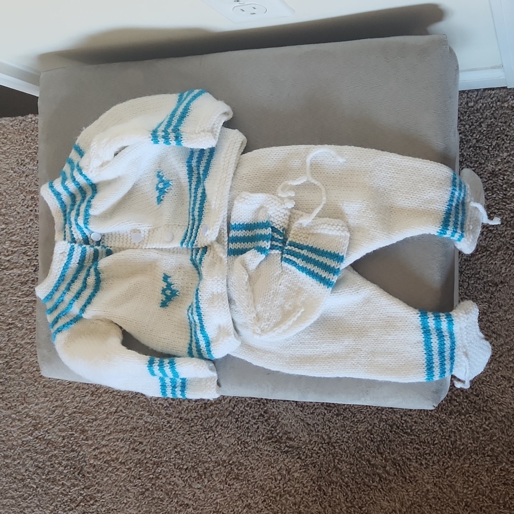 Hand knit Cardigan legging and hat matching set Newborn